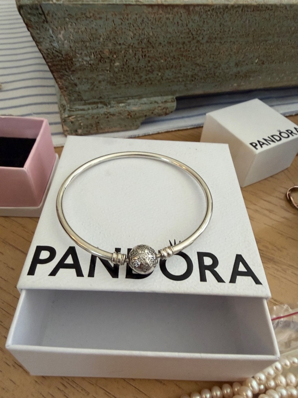 Pandora Silver Bangle Bracelet with Sparkle Ball Clasp